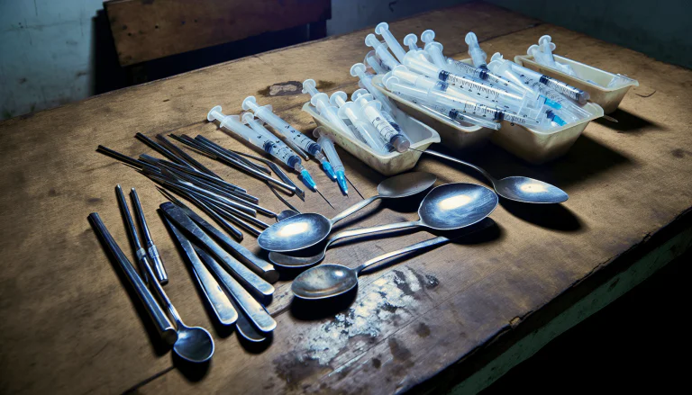 Heroin paraphernalia including needles and syringes