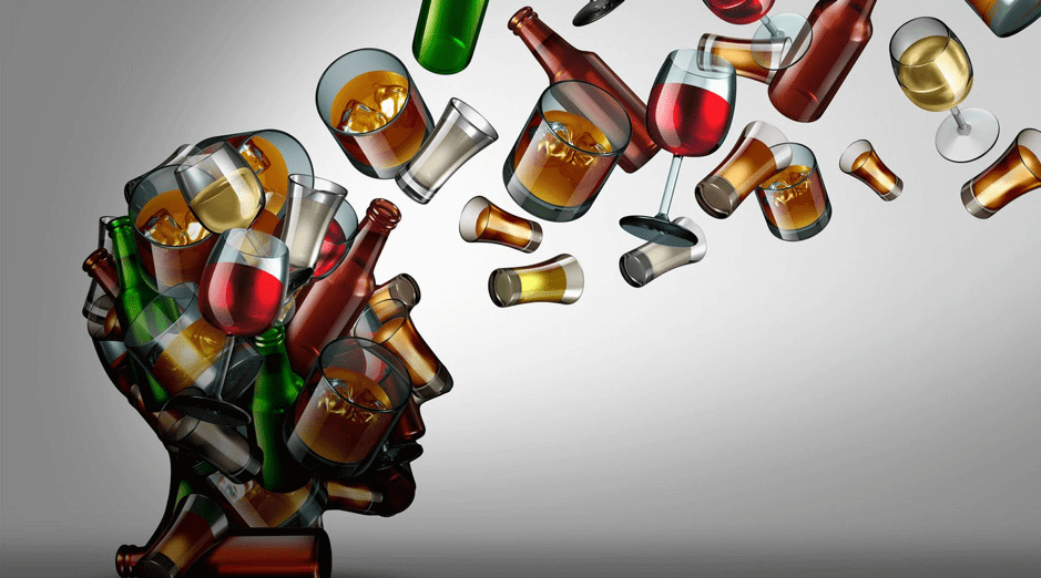 Alcoholic drinks arranged in the shape of a person's head, displaying mental relapse.