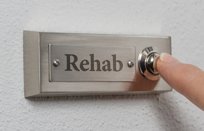 Finger ringing a door bell with Drug Rehab written on it