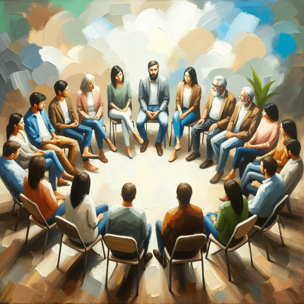 Oil-painting-of-a-group-of-diverse-individuals-sitting-in-a-circle-indicating-group-therapy-or-support-group-sessions-showcasing-the-power-of-community.