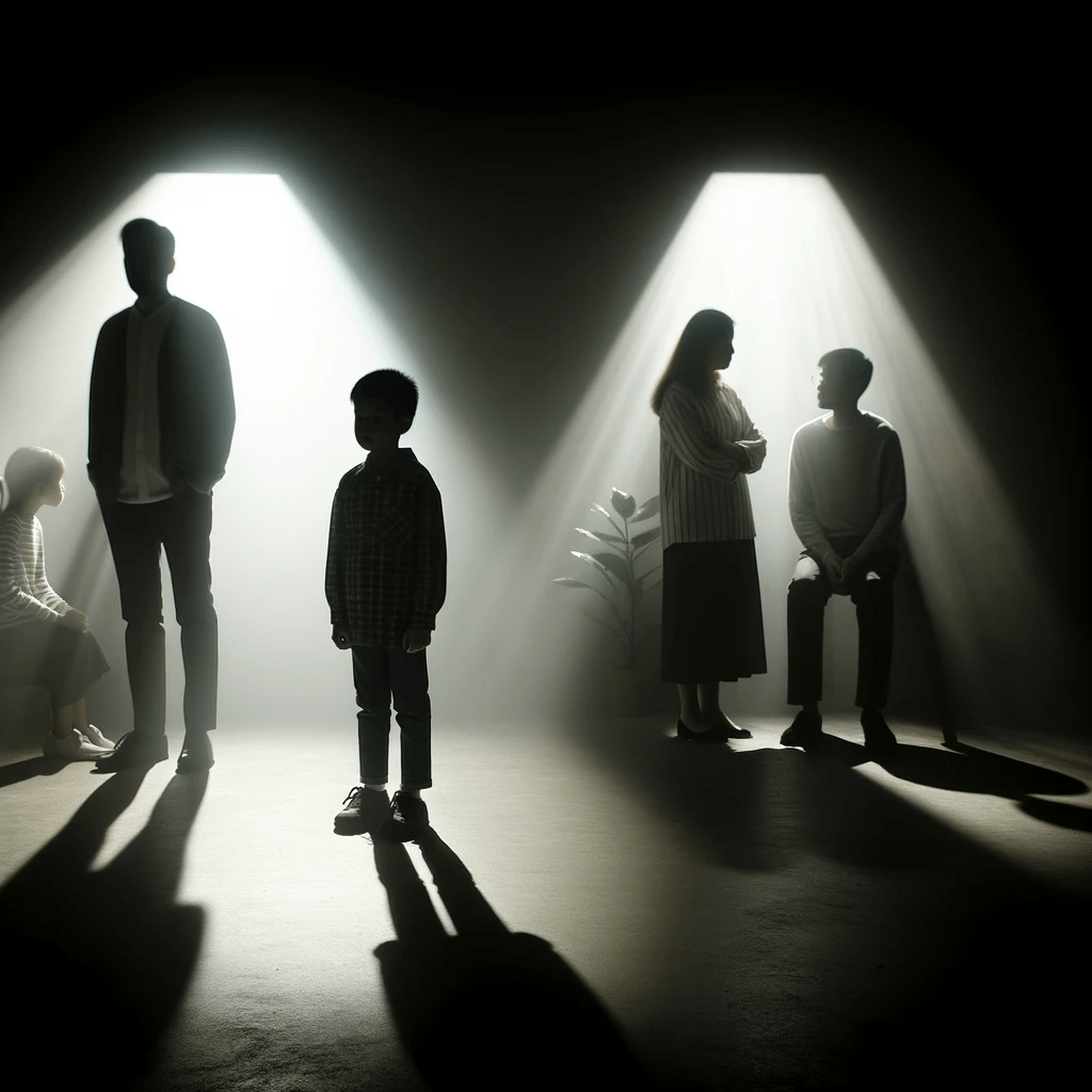 Photo of a child standing in shadows while parents and siblings stand in light, representing the isolation and distance created by substance abuse and addiction