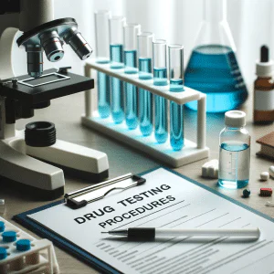 A laboratory setting focused on research related to the question, 'How Long Does Fentanyl Remain in Urine?'. The scene features scientific equipment, including test tubes and a microscope. A clipboard on the table is titled 'Drug Testing Procedures'. In the foreground, a test tube filled with a blue liquid symbolizes an ongoing analysis of fentanyl detection in urine