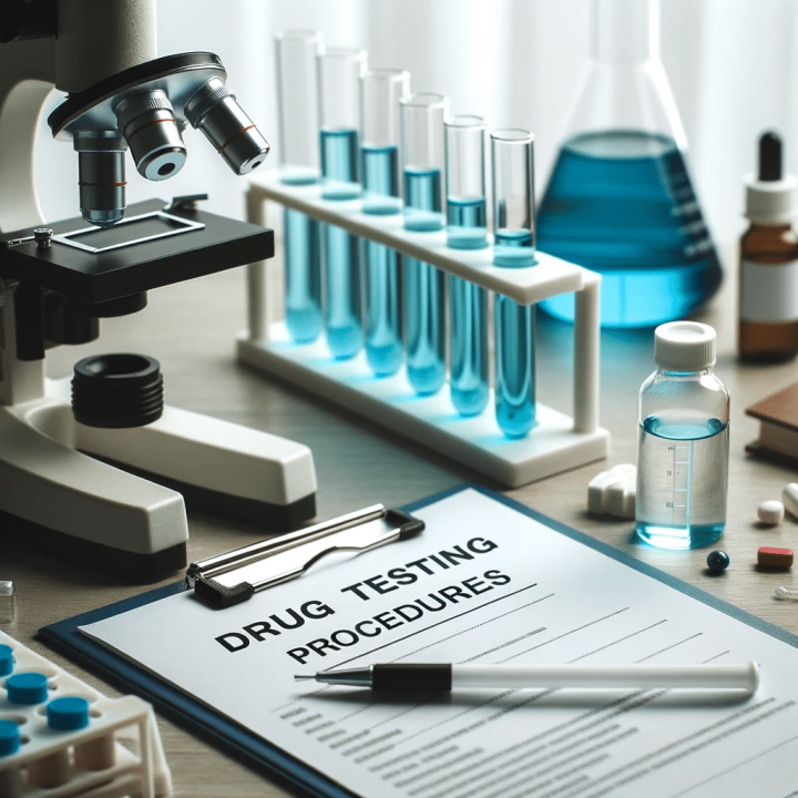 Photo of a laboratory setting with test tubes, a microscope, and other scientific equipment A laboratory setting focused on research related to the question, 'How Long Does Fentanyl Remain in Urine?'. The scene features scientific equipment, including test tubes and a microscope. A clipboard on the table is titled 'Drug Testing Procedures'. In the foreground, a test tube filled with a blue liquid symbolizes an ongoing analysis of fentanyl detection in urine