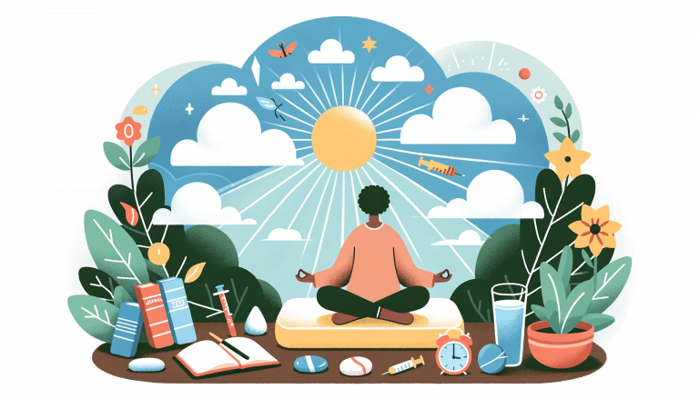 outdoor setting with an individual practicing meditation, surrounded by symbols of self-care.