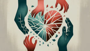 An illustration of a shattered glass heart against a soft background. Hands of a parent and child, of varying skin tones, reach out towards each other, symbolizing the healing and reconciliation from the emotional turmoil of addiction
