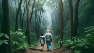 A young adult and an older individual walk side-by-side on a narrow, winding path through a dense forest, symbolizing the challenging journey of addiction recovery