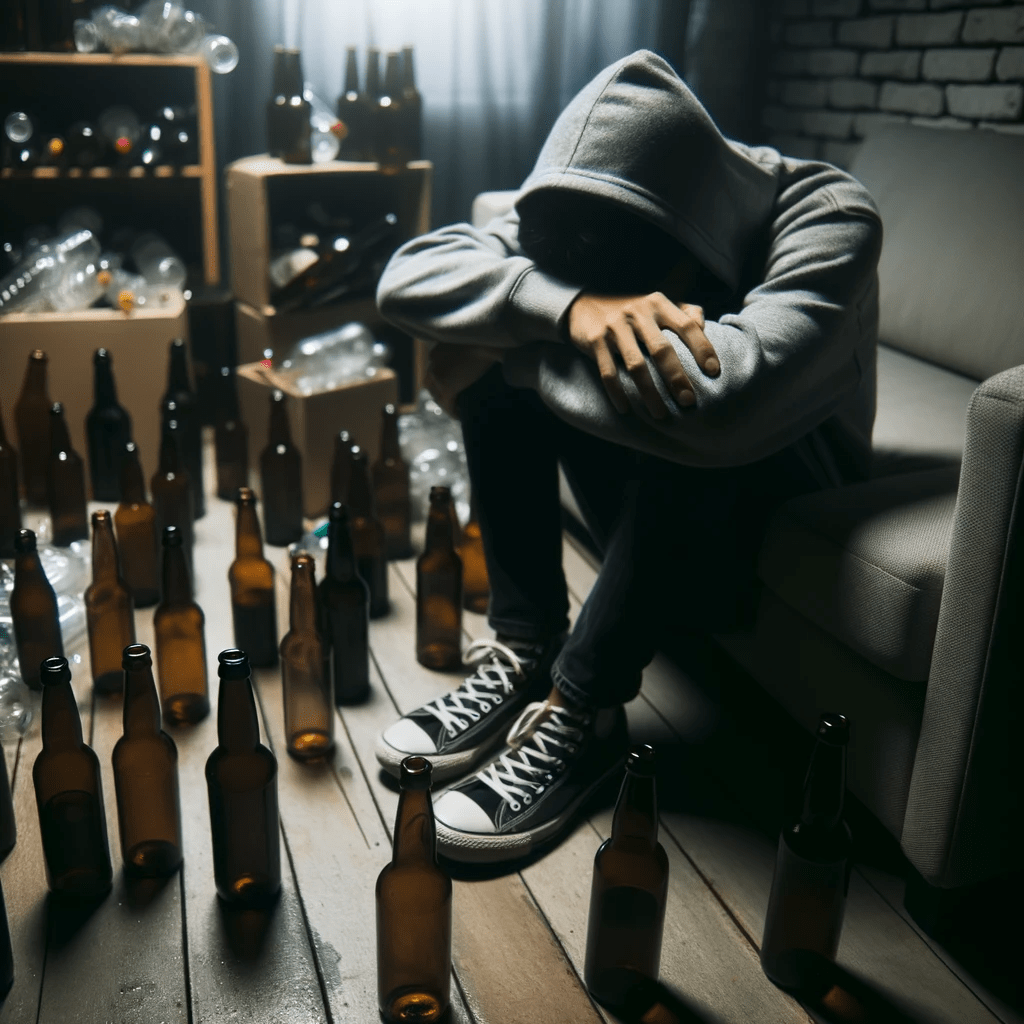 Photo of a person sitting alone in a dimly lit room, surrounded by empty bottles, with their head in their hands, showcasing the isolation and despair