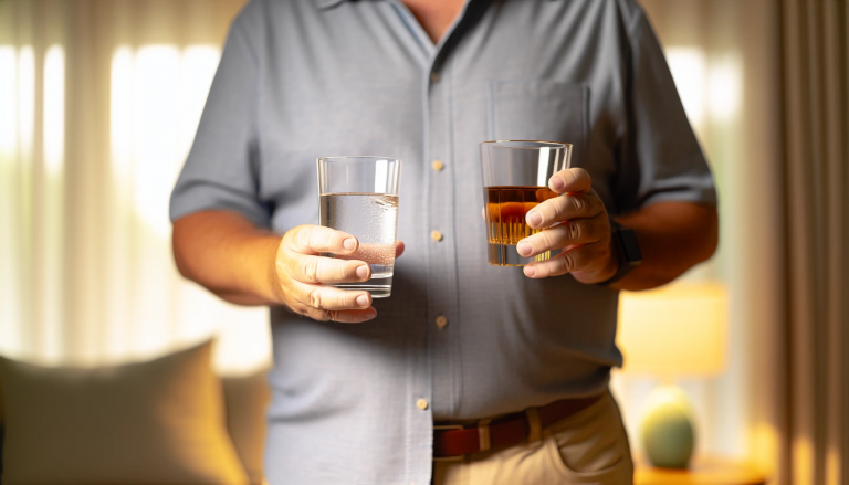 A person holding a glass of water and a glass of alcohol, symbolizing the choice to stop drinking alcohol