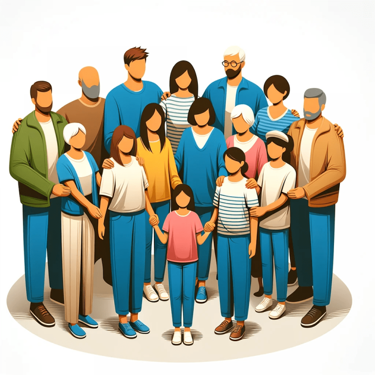 A supportive group of diverse people, symbolizing family and friends' roles in recovery. The group should be composed of individuals of different ages-min