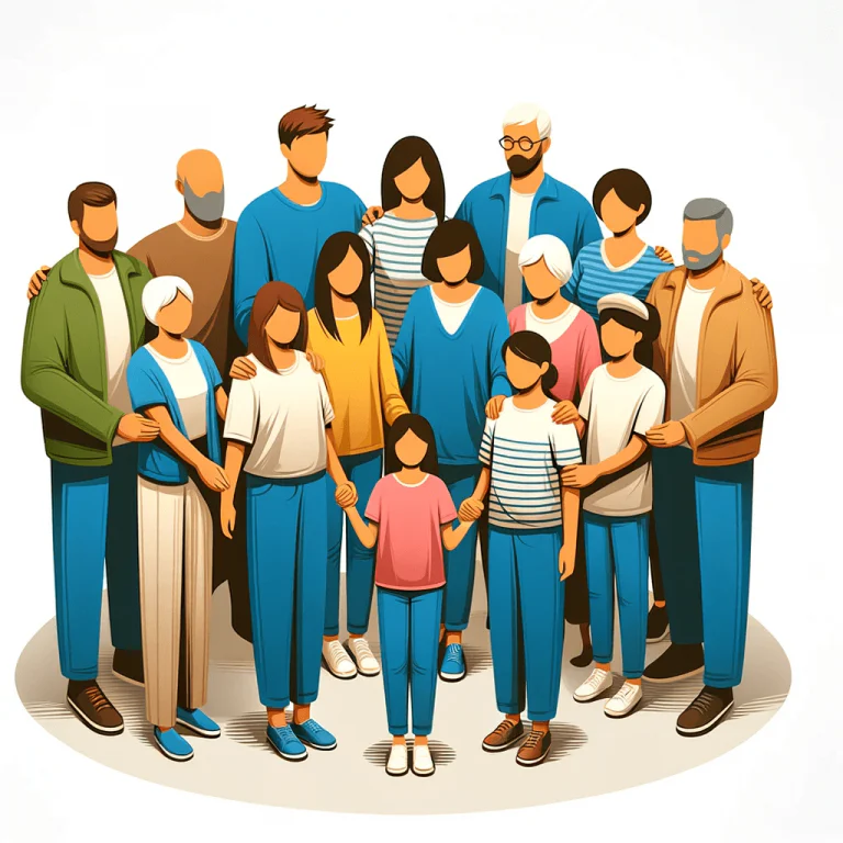 A supportive group of diverse people, symbolizing family and friends' roles in recovery. The group should be composed of individuals of different ages-min