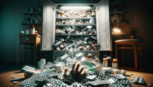 A visually striking and thought-provoking image about paracetamol addiction. The scene shows an overflowing medicine cabinet.-min