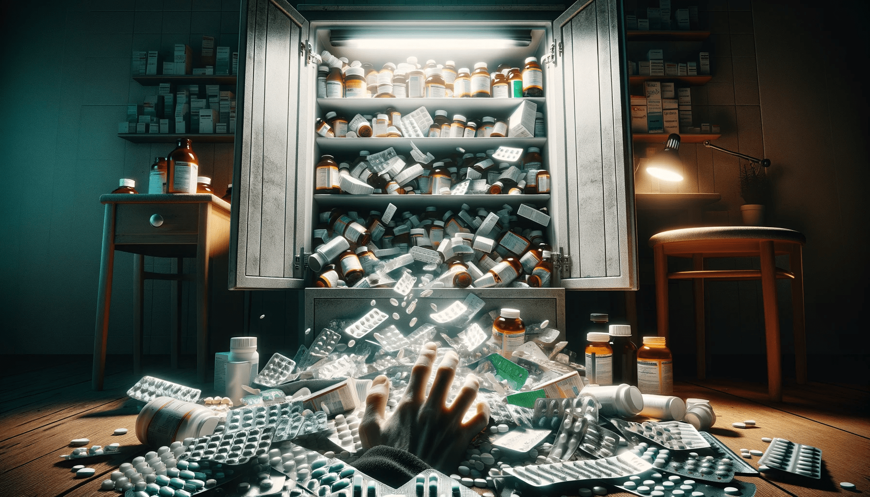 A visually striking and thought-provoking image about paracetamol addiction. The scene shows an overflowing medicine cabinet.-min