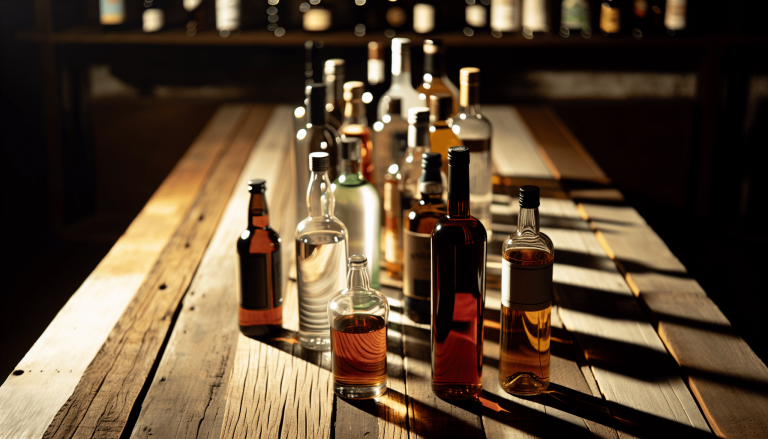 Alcohol bottles on a table