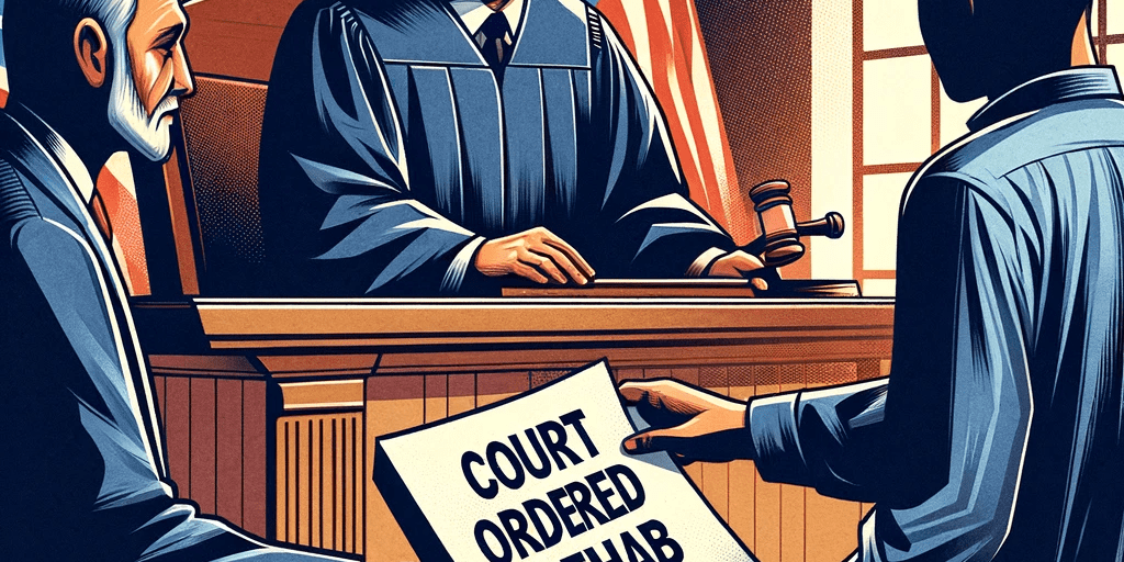 An illustration of a courtroom with a judge, a defendant, and a lawyer. The judge is handing a document titled ‘Court Ordered Rehab’ to the defendant-min An illustration of a courtroom with a judge, a defendant, and a lawyer. The judge is handing a document titled 'Court Ordered Rehab' to the defendant