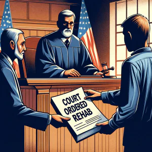 An illustration of a courtroom with a judge, a defendant, and a lawyer. The judge is handing a document titled 'Court Ordered Rehab' to the defendant