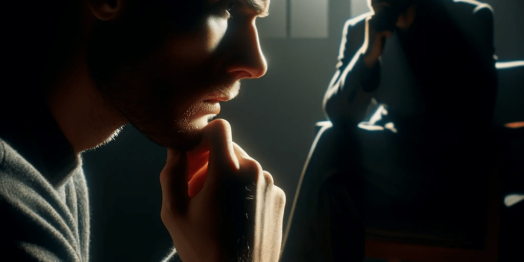 An image of a person in deep thought, contemplating a serious and life-changing decision. The scene is set in a dimly lit, dark room. An image of a person in deep thought, contemplating a serious and life-changing decision. The scene is set in a dimly lit, dark room.