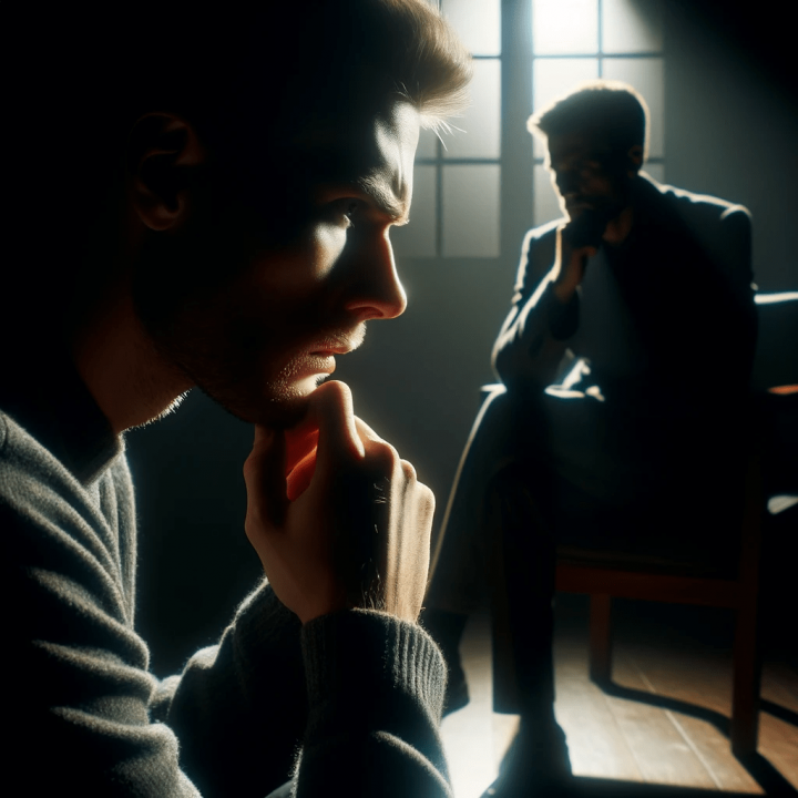 An image of a person in deep thought, contemplating a serious and life-changing decision. The scene is set in a dimly lit, dark room. An image of a person in deep thought, contemplating a serious and life-changing decision. The scene is set in a dimly lit, dark room.
