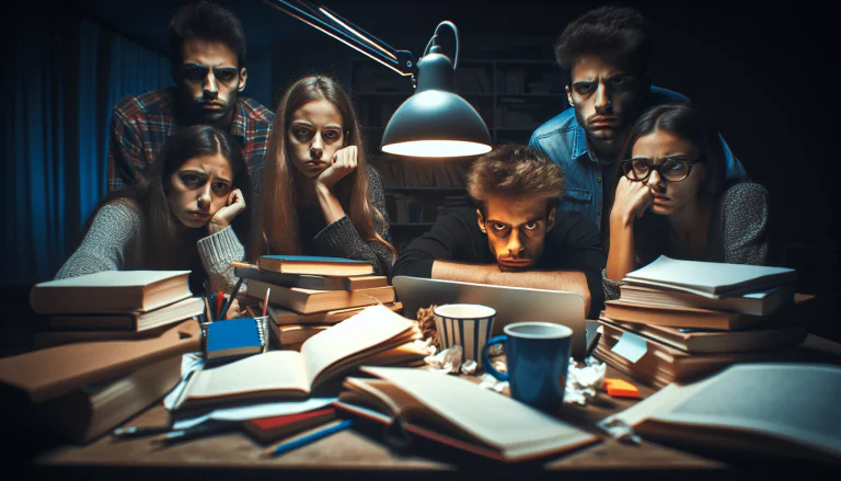 Illustration of stressed students studying