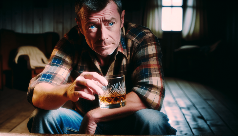 Person contemplating with alcohol in hand