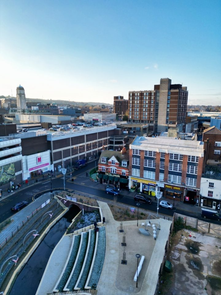 Aerial,View,Of,Buildings,At,Central,Luton,City,Of,England Luton from above