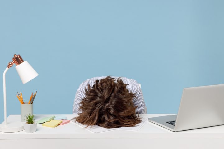 Young,Tired,Exhausted,Frustrated,Secretary,Employee,Business,Woman,Wearing,Casual Stress