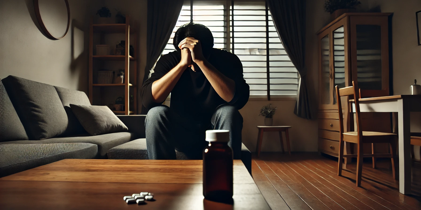 A_person_sitting_at_a_table_in_a_dimly_lit_home,_l Someone struggling with Ecstasy Abuse
