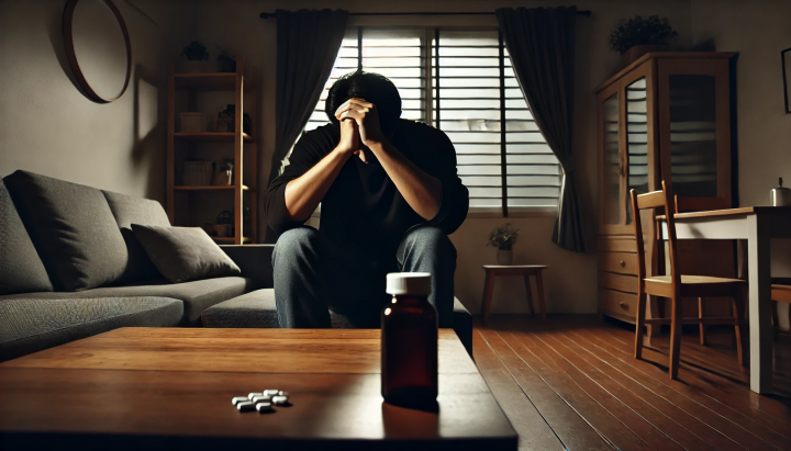 A_person_sitting_at_a_table_in_a_dimly_lit_home,_l Someone struggling with Ecstasy Abuse