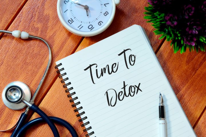 Top,View,Of,Stethoscope,plant,clock,pen,And,Notebook,Written,With,Time,To Time to detox on a notepad