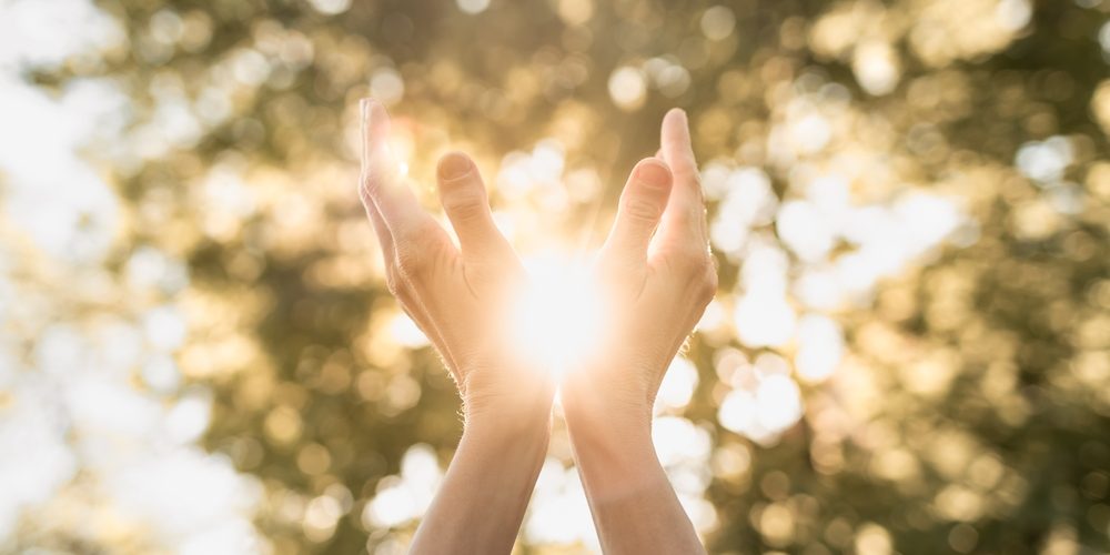 Hand Holding the sun to show nature