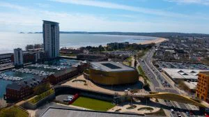Swansea from the sky on a clear blue sky day